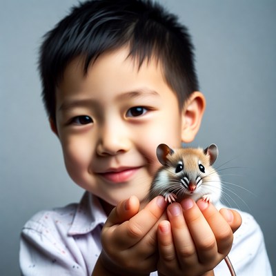 Asian boy holding cute hamster