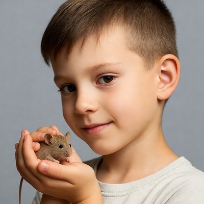 Boy holding cute mouse