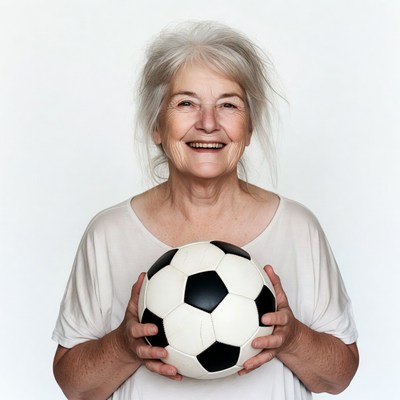 Elderly woman holding soccer ball