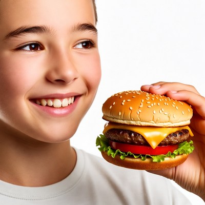 Boy holding burger smiling