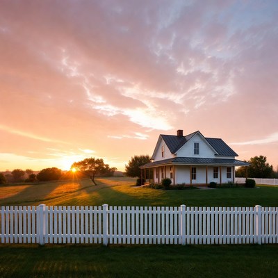 White farmhouse at sunset