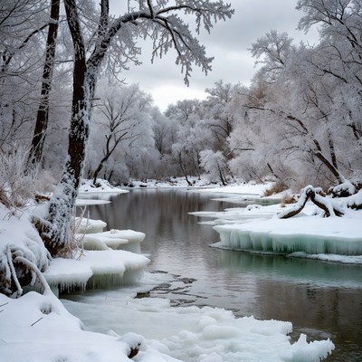 Winter River with Snowy Trees and Ice