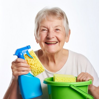 Elderly woman holding cleaning supplies