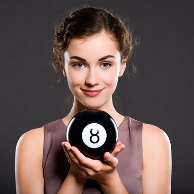 Woman holding black 8 ball