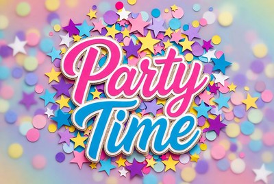 Party Time Text with Confetti Stars
