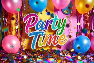 Party Time Glitter Text with Balloons