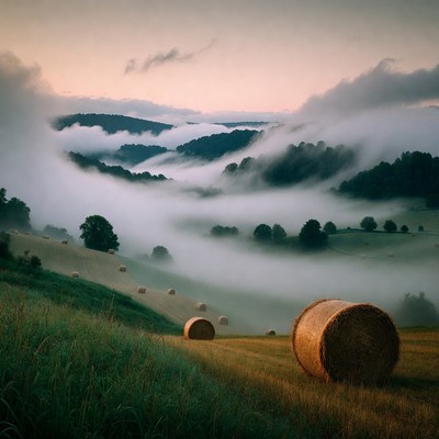 Hay bales in misty rolling hills