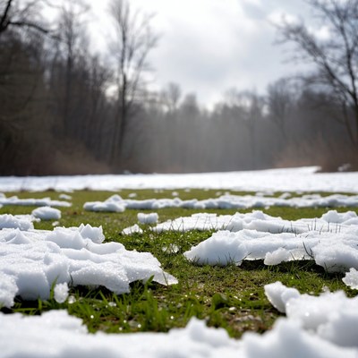 Snow Patches on Green Grass