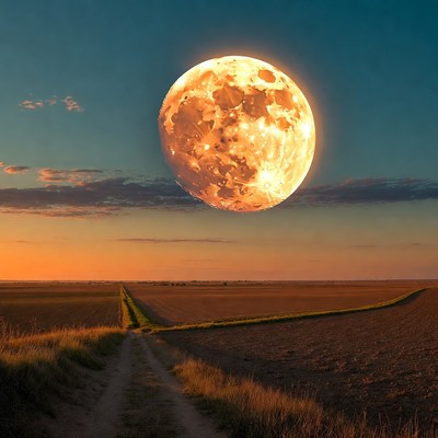 Large Golden Full Moon Over Rural Path