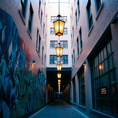 Brick Alleyway with Hanging Lanterns and Graffiti