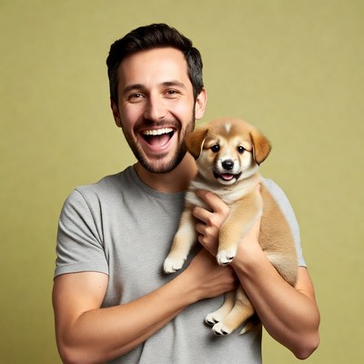 Man holding cute puppy