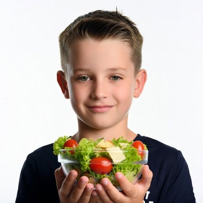 Boy holding fresh salad bowl