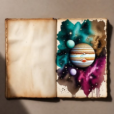 Open Book with Jupiter and Galaxy
