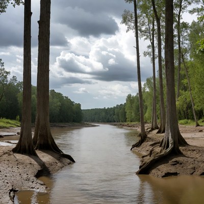 River between tall trees and muddy banks
