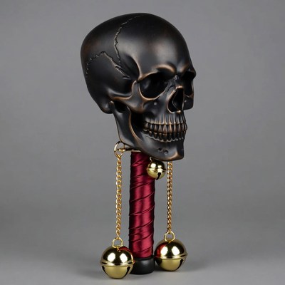 Black Skull on Red Tassel with Gold Bells