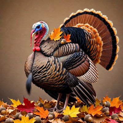 Turkey standing in autumn leaves