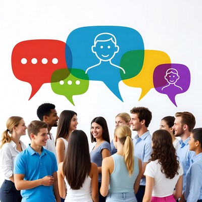 Diverse group chatting in speech bubbles