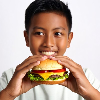 Asian boy holding burger