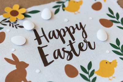 Happy Easter card with eggs and bunny