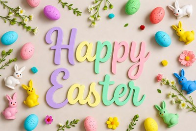 Happy Easter with Colored Eggs and Bunnies