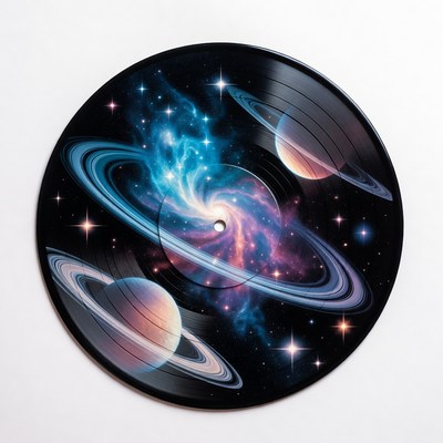 Vinyl Record with Cosmic Planets