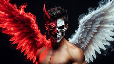 Man with red demon skull mask and white angel wings