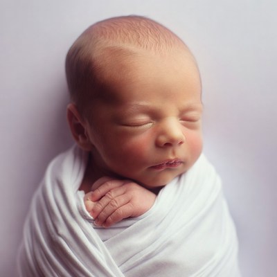 Newborn baby swaddled in white blanket
