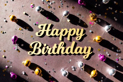 Happy Birthday with Gold Letters and Ornaments