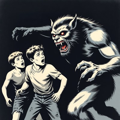 Werewolf terrifying two scared boys