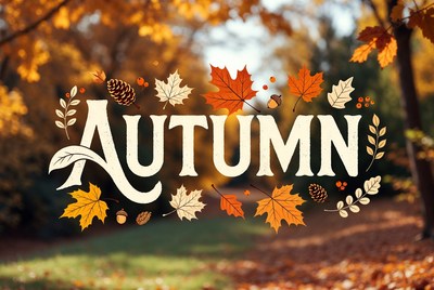 Autumn Text with Leaves and Pinecones