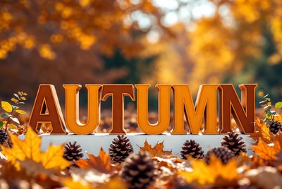 Autumn word with leaves and pinecones