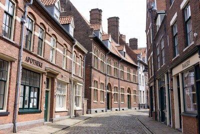 Historic Brick Houses on Cobblestone Street
