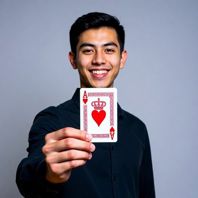 Asian man holding ace of hearts