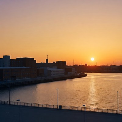Sunset over harbor with buildings