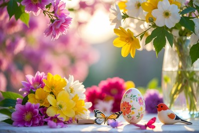 Colorful Flowers with Easter Egg Bird Butterfly