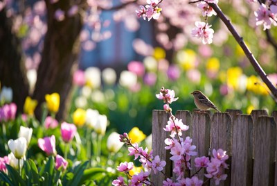 Bird on wooden fence with tulips and cherry blossoms