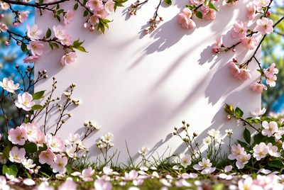 Blank Sign with Pink Cherry Blossoms