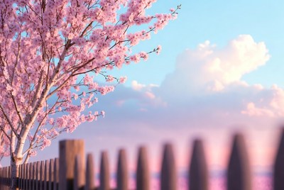 Pink Cherry Blossom Tree by Fence