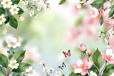 Pink and White Cherry Blossoms with Butterflies
