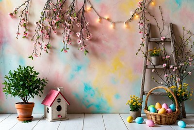 Easter eggs birdhouse ladder flowers