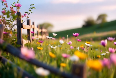 Flower Field with Wooden Fence
