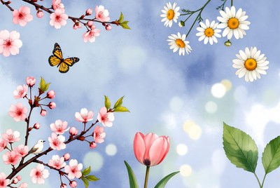 Butterfly with Flowers and Bird