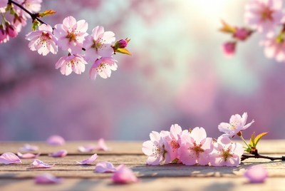 Pink Cherry Blossoms on Wooden Surface