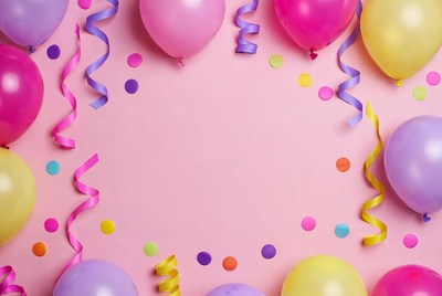 Colorful Balloons and Confetti on Pink Background