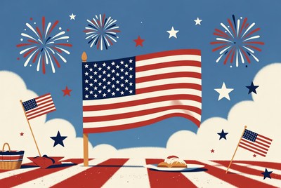 American Flag with Fireworks and Picnic