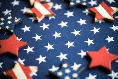 Wooden American Flags on Star Fabric