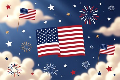 American Flags with Fireworks and Stars