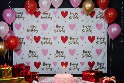 Pink Birthday Cake with Balloons Backdrop