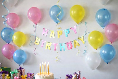 Happy Birthday Banner with Balloons and Cake