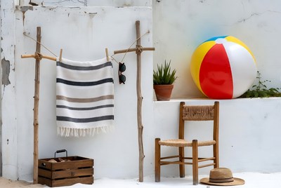Beach items on white wall